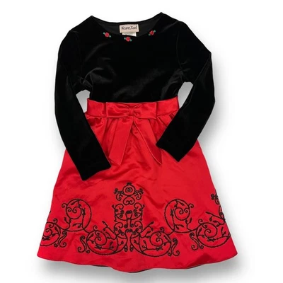 Niñas Talla 4 Vestido de Navidad Terciopelo Rojo y Negro con Adornos Foto 1 de 2