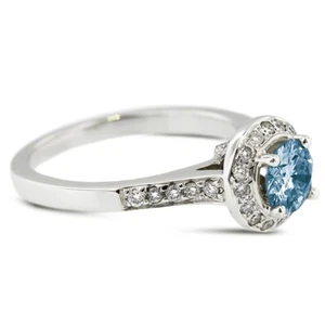 1.08 CT Blue SI2 Round Earth Mined Certified Diamonds Plat Halo Side Stone Ring - Picture 1 of 11