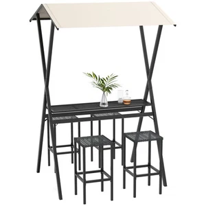 Gartenbar-Set Rattan Bartisch mit 4 Barhockern, Stehtisch mit Dach Stahl Schwarz - Bild 1 von 9