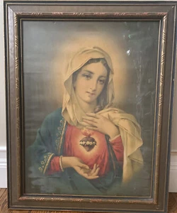 Immaculate Heart of Mary Framed Lithograph 24" x 19" Vintage  - Picture 1 of 5