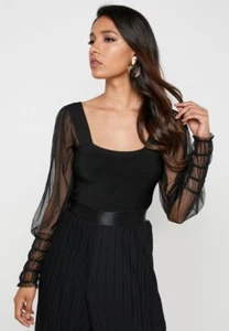 Mango Sheer Sleeve Top Size Small Black Tulle Knit Shirt Square Neck Dressy - Picture 1 of 6