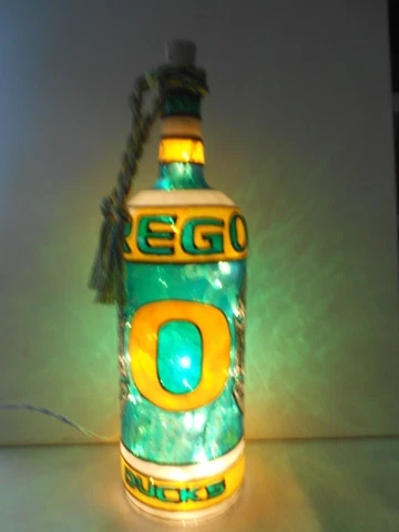 Oregon Ducks Inspired Bottle Lamp Hand painted Lighted Stained Glass Look Cover
