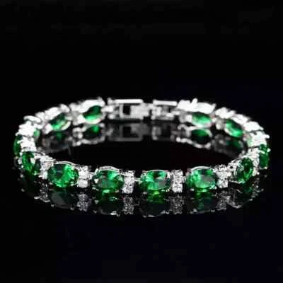 15Ct Oval Cut Lab-Created Emerald Diamond Tennis Bracelet 14K White Gold Plated - Image 1 of 4