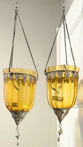 Ribbed Glass & Pewter Metal Trim Candle Holder w/3 Chains & Hook Hanger - Amber - Picture 1 of 9