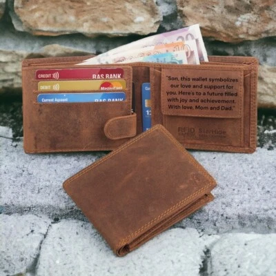 Personalised Custom Engraved RFID Blocking Mens Distressed Hunter leather Wallet - Image 1 of 4
