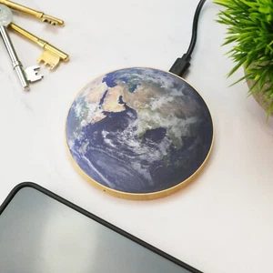 Planet Earth Wireless Phone Charger Wooden Printed Cell Phone Charger Gift - Picture 1 of 4