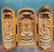 3.9"Chinese Boxwood Carving Antique Box with Three Openings Brahma Sanqing