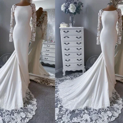 Gorgeous Mermaid Wedding Dress Satin Backless Scoop Neck Long Sleeve Bridal Gown - Image 1 of 4