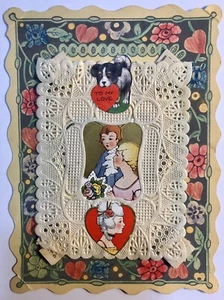 1930’s Lace Filigran Vintage Valentine Card Adorable Dog Collectible Love - Bild 1 von 3