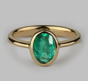 2CT Oval Lab Created Emerald Diamond Bezel Set Women Ring 14K Yellow Gold Plated - Picture 1 of 4