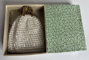 VTG Crocheted Beaded White Gold Tone Accordian Gate Top Handle Purse Handbag - Picture 1 of 9