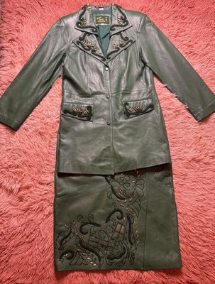 Conjunto de falda blazer vintage de cuero verde esmeralda 9000 de 2 piezas con cuentas. Talla L Foto 1 de 4