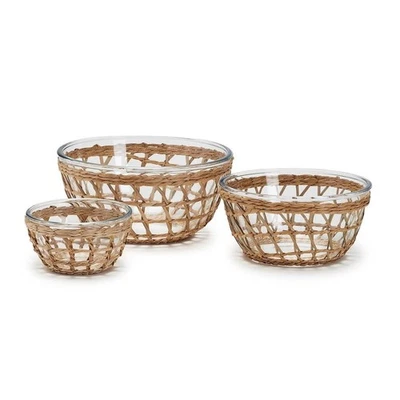 Island Chic Set of 3 Borosilicate Glass Bowls w/Hand-Woven Lattice - Image 1 of 3