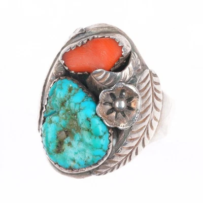 Anillo navajo vintage de plata de ley, turquesa, coral pluma/flor talla 11,5 Foto 1 de 4