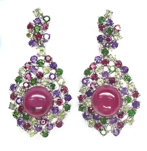 Heated 12X13mm. Red Ruby Amethyst Peridot Diopside Earrings Silver 925 Sterling - Picture 1 of 4