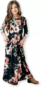 Girls Maxi Dress Floral 3/4 Long Sleeve Dresses with Pockets for Girls 6-12 Year - Picture 1 of 12