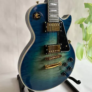 Chitarra Elettrica Personalizzata LP Blue Burst Body Quadrato Intarsio Ponte Fisso Corpo Solido - Foto 1 di 12
