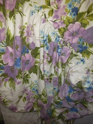 Vintage Floral Twin Bedspread Ruffled Blue Lavender Twin Lightweight Cotton - Image 1 of 4