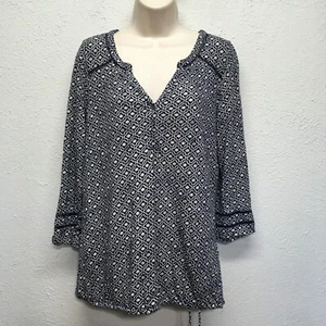 Lucky Brand Damen M Top blau weiß geometrisches Muster Bluse V-Ausschnitt 3/4 Arm Boho - Bild 1 von 6