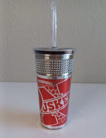 NEBRASKA HUSKERS Bling Style Reuseable Tumbler with Lid & Straw 16 oz ~ New Cover