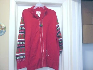 Quacker Factory 2X Red Multicolor Zippered Sweater Jacket Snowflake In Front - Picture 1 of 6