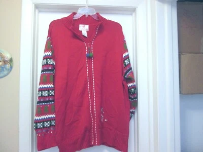 Quacker Factory 2X Red Multicolor Zippered Sweater Jacket Snowflake In Front - Image 1 of 4