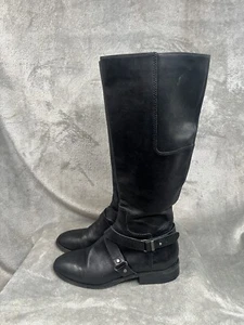 Nine West Women’s 7 M Blogger Harness Riding Boots Mid Calf Black Leather Preppy - Picture 1 of 8