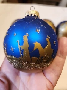 4 bolas de vidrio vintage Krebs 3 Reyes escena de Belén escena Krebs azul dorado - Imagen 1 de 4