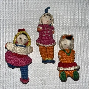 Amigurumi Crochet Mini Japanese Dolls Ornaments Silk Faces Lot Of 3 Vintage - Picture 1 of 9