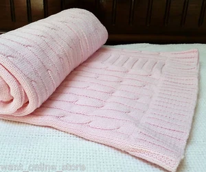 BNWT Rochdale Boutique 100% Pure Cotton Cable Knit Baby Blanket - Shawl Pink - Picture 1 of 4