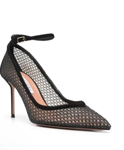 $925 NEW Aquazurra Asha 85 Suede-trimmed Mesh Pumps in Black Size 38.5 - Picture 1 of 12