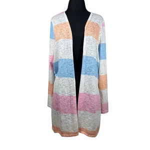 BiBi Women's Lightweight Longline Open Cardigan Sweater Striped Pastels Size M - Picture 1 of 12