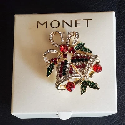 Monet Holiday Brooch Double Bells and Holly Red Green & White Crystals Gold Tone - Image 1 of 4