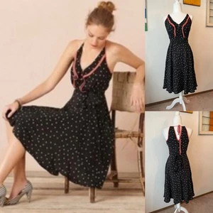 Girls from Savoy Anthropologie Silk Black Polka Dot Gulf Wing Dress Sz 10 Belted - Picture 1 of 5