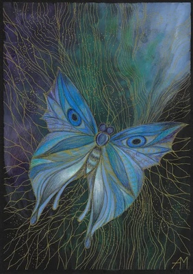 原版绘画 A4 105MdA 艺术品混合媒介,金色现代蝴蝶 — 第 1/4 张图片