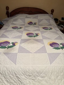 Purple And White Pansies Pattern Appliqué Homemade Queen/King Size Quilt Cotton - Picture 1 of 5