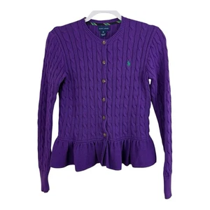 Ralph Lauren Cable Knit Peplum Cardigan Girls Size Extra Large Purple Cotton - Picture 1 of 6