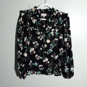 Blusa Top LOFT Talla Mediana, Volantes Negra Floral Mezcla Tejida Informal Carrera - Imagen 1 de 12