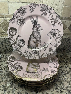 222 Fifth Bunny Hill Pink Gold Rabbit Porcelain 4 Salad Plates 8.5” Easter -New
