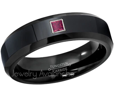 Anillo de boda de tungsteno negro pulido de 0,05 quilates con rubí corte princesa, 6 mm #168 Foto 1 de 2