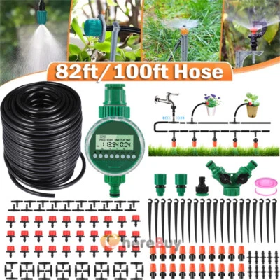 Kit de sistema de riego por goteo automático de 100 pies 82 pies temporizador micro aspersor riego de jardín Foto 1 de 4