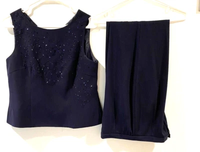 Traje pantalón Jessica Howard para mujer talla 8 mezcla de lino azul marino conjunto de 2 piezas sin mangas Foto 1 de 4