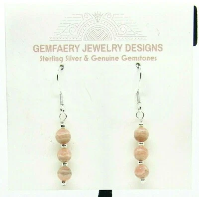 Sterling Silver Natural RHODOCHROSITE Dangle Earrings #1474...Handmade USA - Imagem 1 de 4