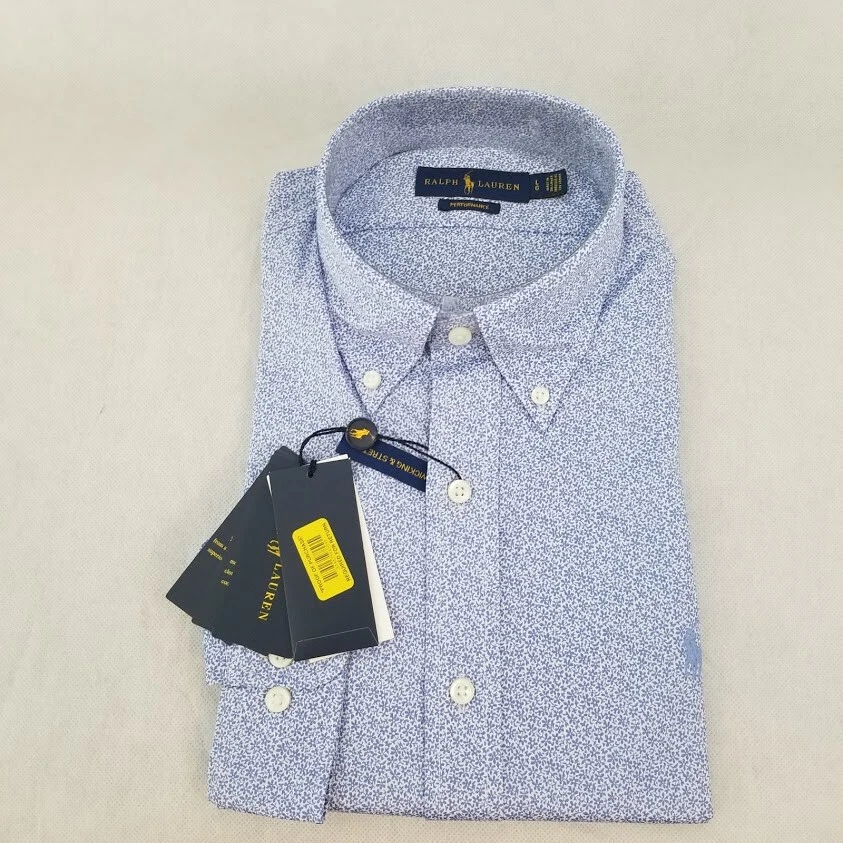 男式 Ralph Lauren 纽扣表演衬衫排汗拉伸 S M L 蓝色 0025 — 第 1/1 张图片