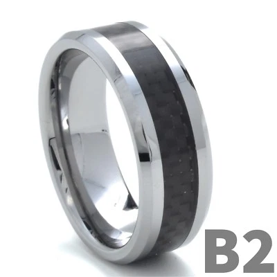 Tungsten Carbide Wedding Band Men's Engagement Ring Black Carbon Fiber Silver - Image 1 of 4