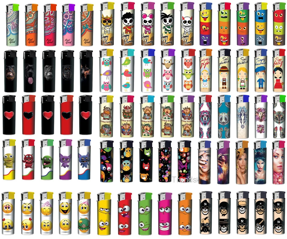 TRENDSKY MOTIV WÄHLBAR 50 Stück Feuerzeuge Nachfüllbar Elektronik Feuerzeug im Display