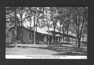 POSTKARTE: LAKE GRASS HOTEL, DELAVAN, WISCONSIN - LOUNGE, HOTELGEBÄUDE, m.1938 - Bild 1 von 2