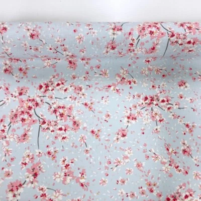 Cherry Blossom Curtain Fabric Linen Look Petals Pale Blue Home Decor Material - image 1 of 4