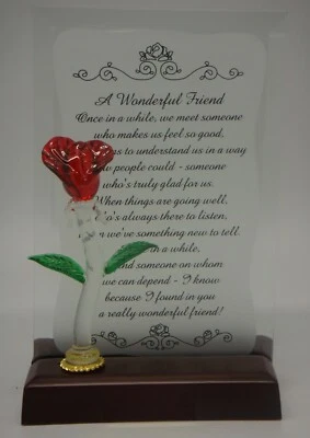 6" Tall Etched Glass Message "A Wonderful Friend" w/glass Rose Décor on Stand - Image 1 of 3