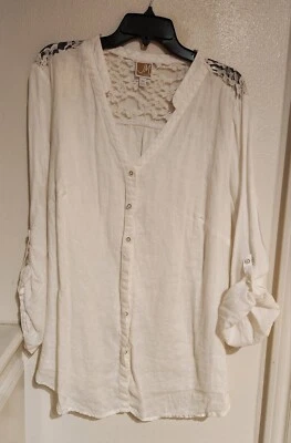 JM Collection 100%Linen Size 18W White Button Down Roll Tab Sleeves Lace Accent  - Image 1 of 4